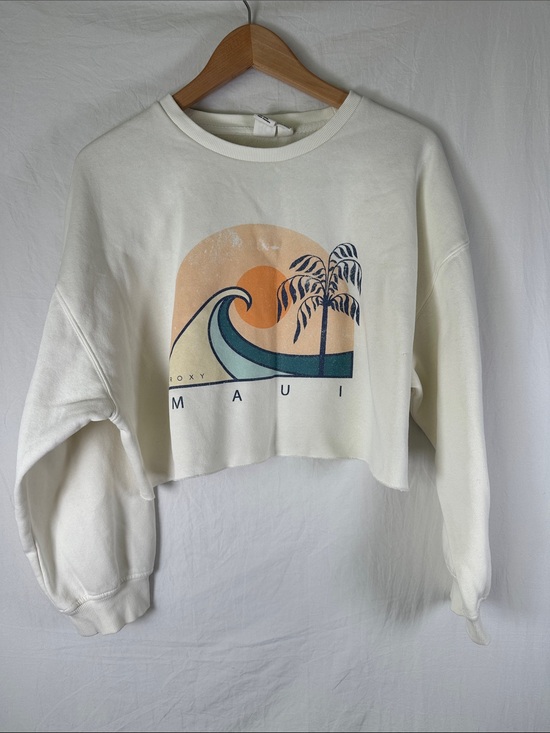 Roxy Tops - Roxy Cream Cropped Maui Graphic Sweatshirt with Teal Wave
